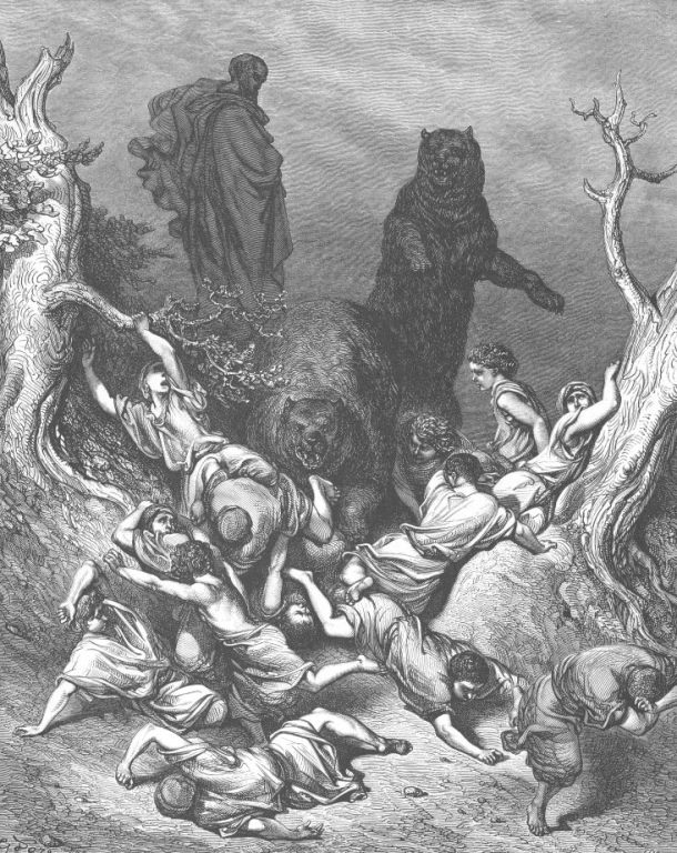 Наказание детей пророком Елисеем. Гравюра, 1853 г. Библия Гюстава Доре
